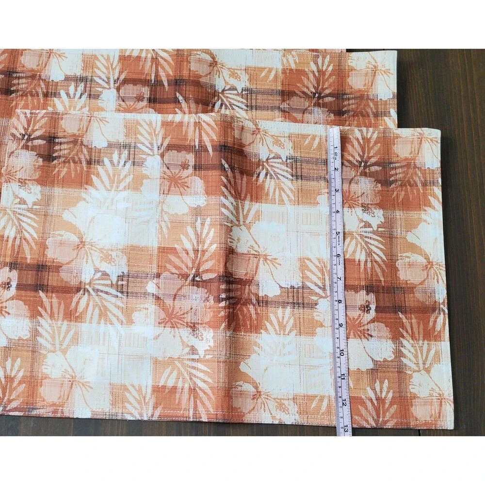 Cloth Placemats 4 Tropical Floral Plaid Brown Cream Tan Hibiscus 19x13
